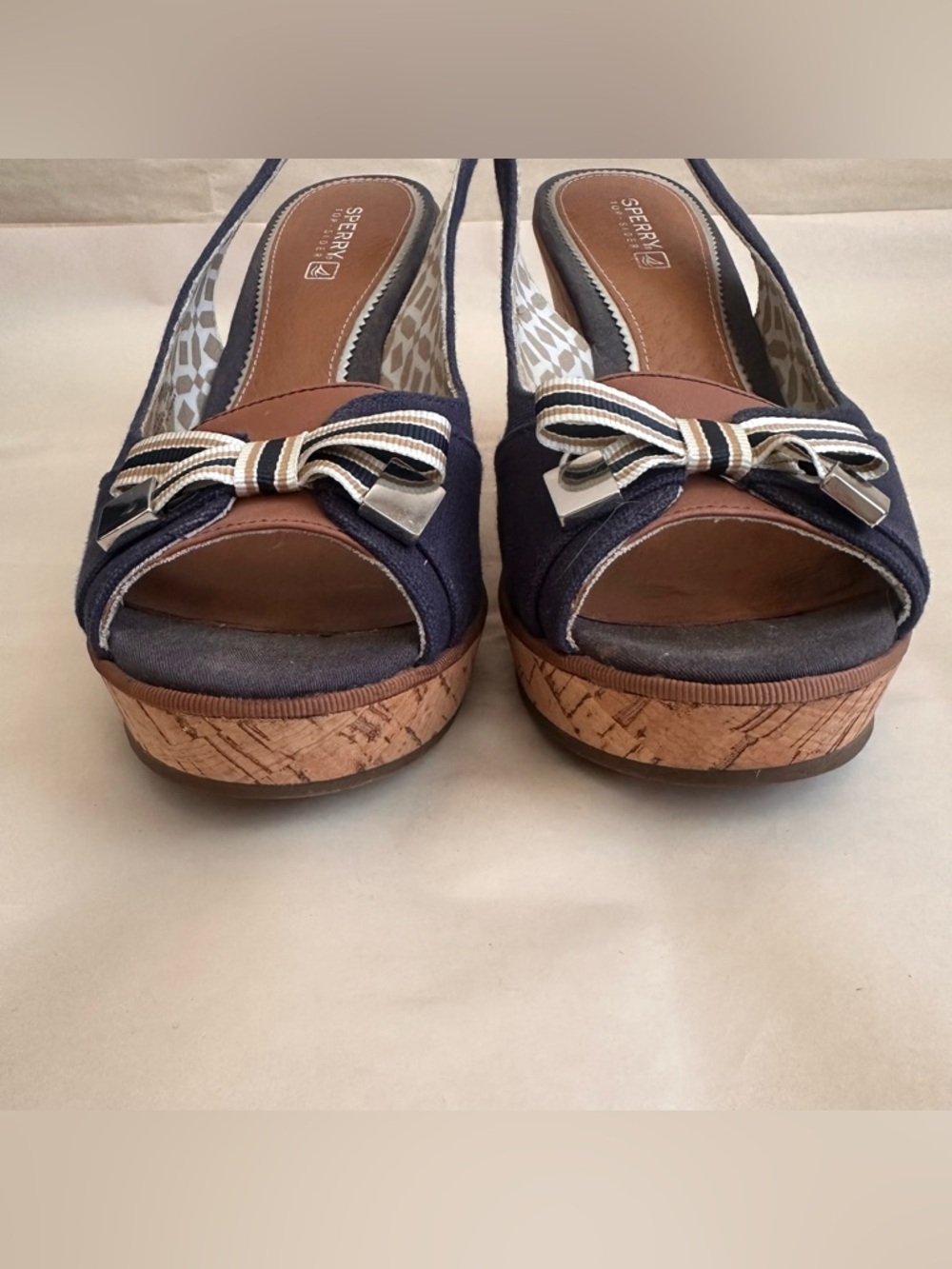 Sperry Top Sider Navy Cork Wedge Slingback Women 8M Nautical Blue Bow Sailor Y2K - Picture 6 of 9